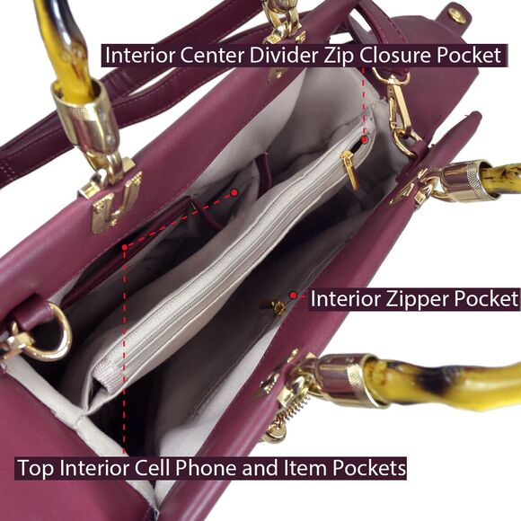 Dasein Medium Wine Satchel Wooden Bamboo Top Handle Handbag - Picture 5 of 8